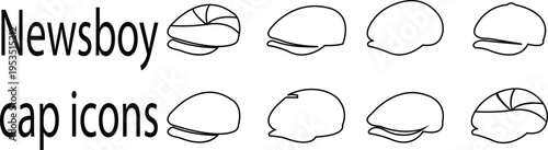 Newsboy Cap Icon set, Newsboy caps Logo Oversized brim hat beanie, silhouette Iconic shape, Stylized detail, Negative space, Flat solid, Filled, tweed , herringbone wool cap, leather newsboy, brim