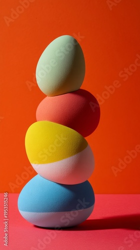 Color-blocked Easter egg shapes stacked in bold playful spring composition