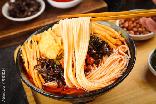 Guangxi Style Chinese Noodle Soup with Bean Curd Tofu and Pickled Vegetables Traditional Asian Cuisine