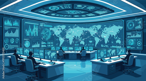 People working in a futuristic hightech command center.