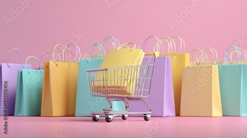 concept of shopping, pastel-colored background, paper bags in the mini cart.