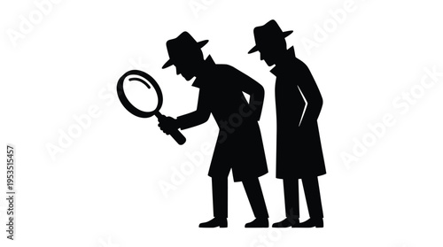 Two detectives investigating with a magnifying glass silhouette