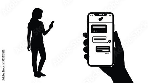 Woman using a smartphone with a messaging app black silhouette