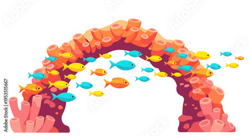 Vibrant underwater coral reef arch teeming with colorful tropical fish.