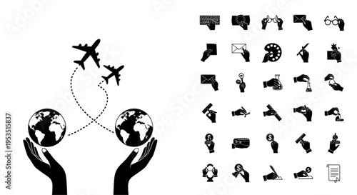 Hands holding globe airplane travel concept connection globalization communication technology transportation explore discover world explore world exploration