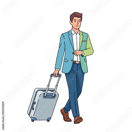 Businessman walking with a suitcase, travel concept, modern professional style