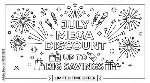 July Mega Discount Promotion with Fireworks and Shopping Bags