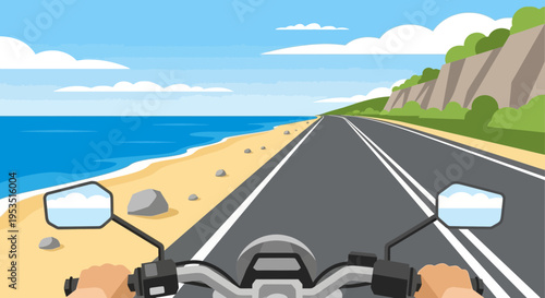 Motorcycle POV on Coastal Highway by the Ocean with Sandy Beach and Green Hills