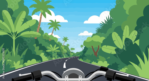 Motorcycle journey on a tropical road through lush jungle and palm trees.