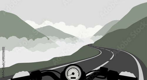 Motorcycle POV driving on winding mountain road through clouds and peaks