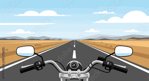 Motorcycle POV on Desert Highway Landscape, Freedom and Adventure