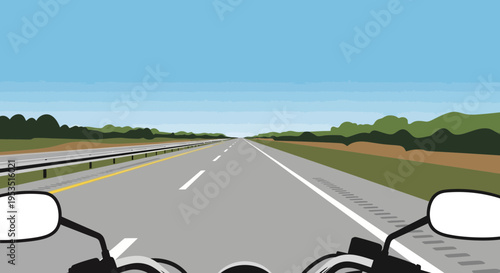 Motorcycle POV on open highway, driving on asphalt road with clear sky