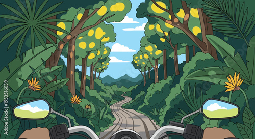 Motorcycle POV through lush tropical jungle road, adventure travel concept