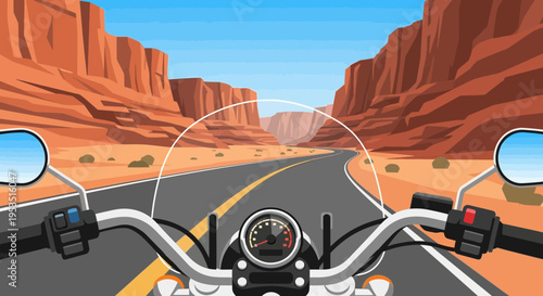 Motorcycle ride through desert canyon road, first-person view, sunny day