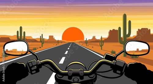 Motorcycle ride on desert highway at sunset, first-person view