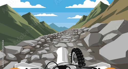 Motorcycle POV on rocky mountain trail, adventure riding