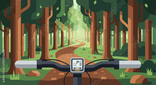 Mountain bike trail in lush green forest, first-person view