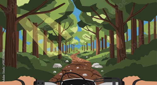 Mountain Biking on a Forest Trail with Sunbeams