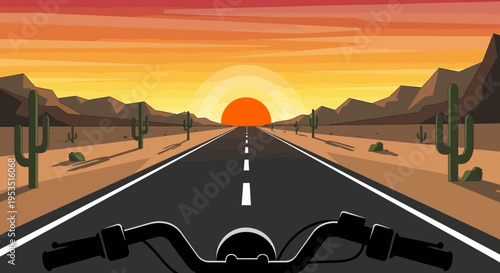 Motorcycle road trip at sunset in desert landscape with cacti and mountains