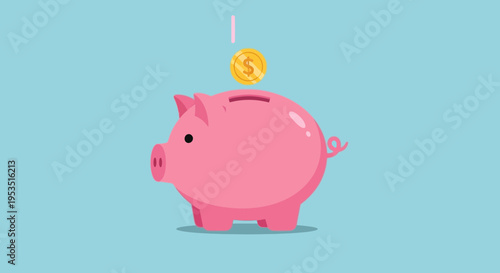 Pink Piggy Bank with Falling Coin on Blue Background - Saving Money Concept