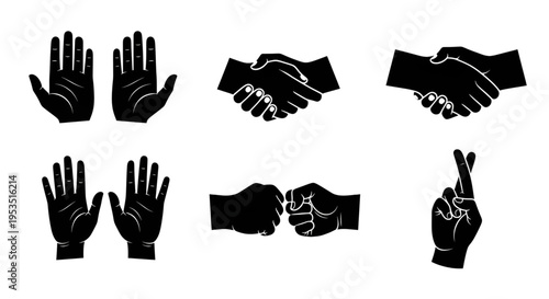 Hand symbols collection including handshake fist bump crossed fingers and open palms in black and white silhouette