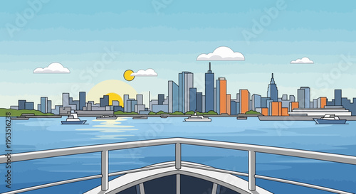 Pixel Art Cityscape with Boats on Water - Digital Illustration