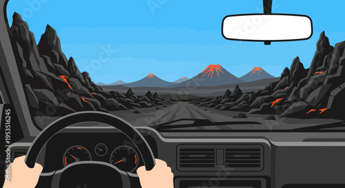Pixel Art Driving Through Volcanic Landscape with Lava and Mountains