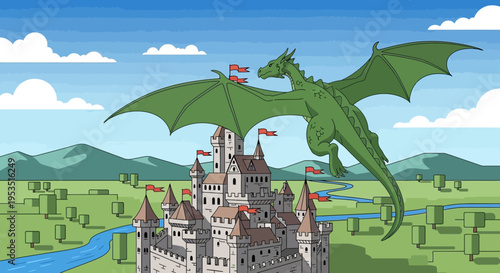 Pixel art green dragon flying over a medieval castle in a fantasy landscape