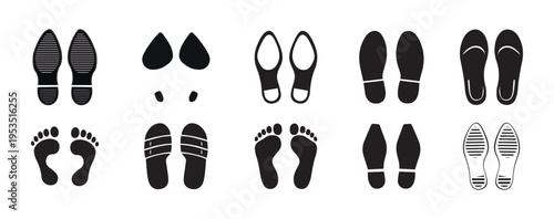 Human Footprints Collection – Shoe Sole, Sneaker, Boot Tracks, Barefoot Imprints, High Heel and Kids Foot Steps Silhouettes Vector Set.