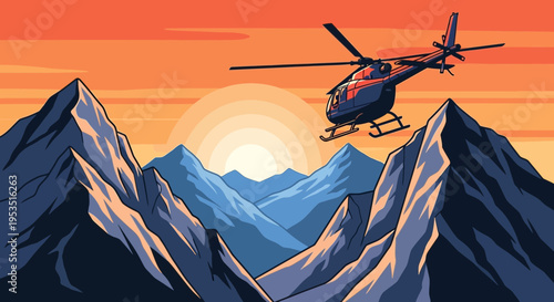 Pixel Art Helicopter Flying Over Majestic Mountains at Sunset