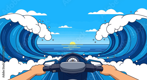 Pixel art jet ski ride through massive ocean waves at sunset