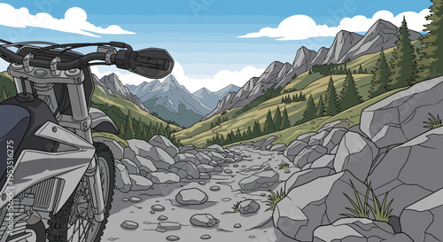 Pixel Art Motorcycle Adventure in Rugged Mountain Valley Landscape