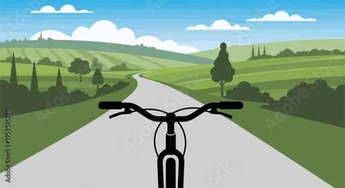 Point of view cycling on country road through green rolling hills and vineyards