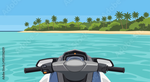 Point of view from jet ski on tropical island beach, ocean water, palm trees