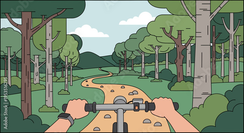 POV biking on a winding forest path with trees and clouds