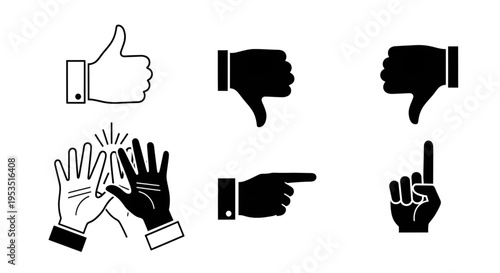Black and white hand icons featuring thumbs up thumbs down pointing finger high five and clapping symbols collection