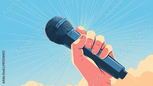 hand holding a microphone with a sun rays background