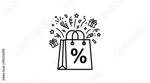 Shopping Bag Icon with Percentage Sign and Celebration Elements