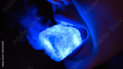 marco shot of glowing blue lip eating a marshmallow