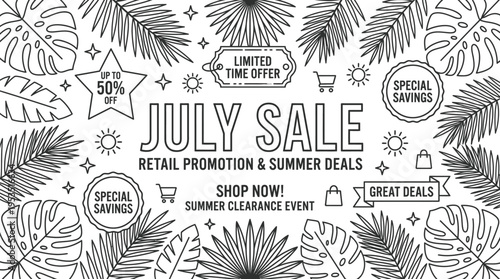 July Sale Banner with Tropical Leaf Design