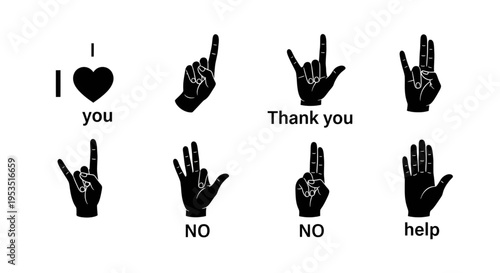 Collection of hand sign language gestures for phrases like 'i love you', 'thank you', 'no', 'help'