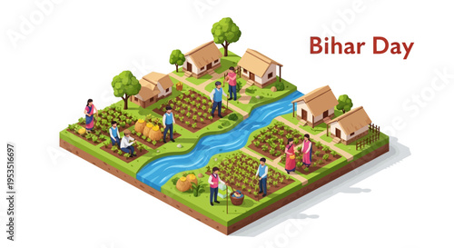 Isometric illustration of a rural Indian village on Bihar Day, featuring people working in agricultural fields with houses and a river, against a clean white background with a cultural