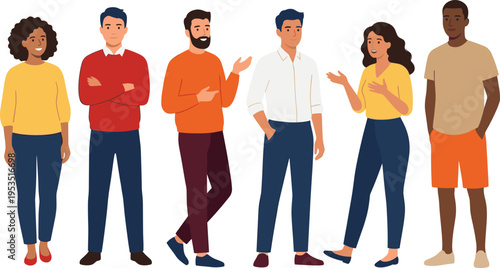 Diverse people standing vector illustration, men and women characters in casual poses, multicultural group communication concept, modern flat design for social interaction, teamwork, and lifestyle