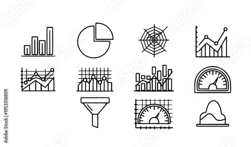 A set of black and white line art icons depicting various business and finance charts and graphs