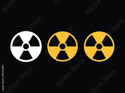 Radiation hazard warning symbols, set of three distinct icons representing radioactive materials danger alerts and safety signage for industrial and scientific use.