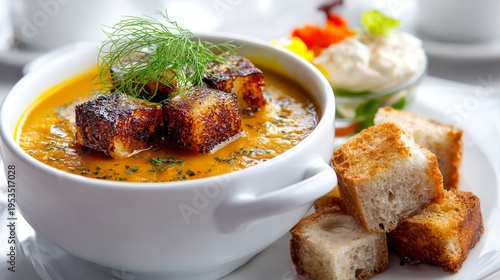photo of a delicious soup in a bistro
