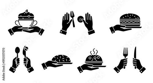 Restaurant dining icons collection featuring hands holding burger soup bowl pie and cutlery for food service design