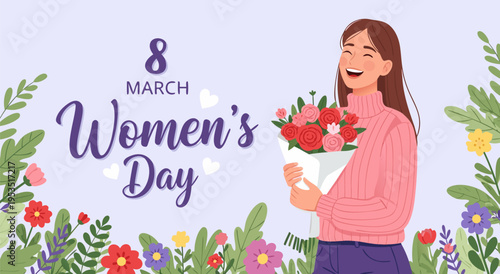 Happy Women's Day vector illustration with a woman holding flowers and floral background