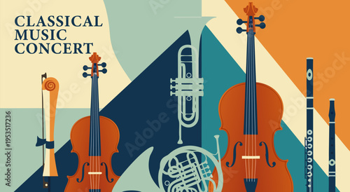 Elegant Classical Music Concert Vector Illustration Featuring Various Instruments for a Sophisticated Performance
