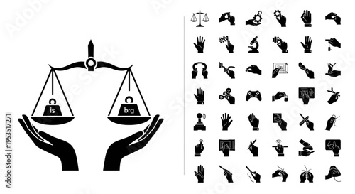 Justice scale balanced by hands and diverse finger control icons for legal equality and technical management themes